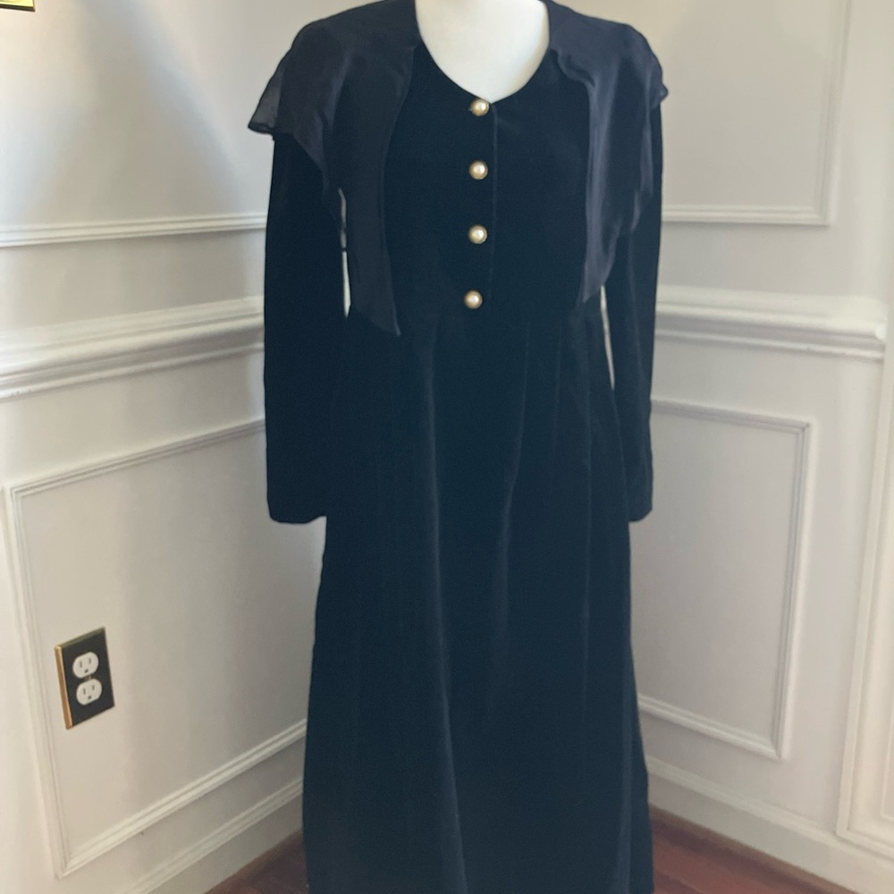 Laura Ashley Black Velvet Victorian Dress with Gold-Toned Pearl Buttons